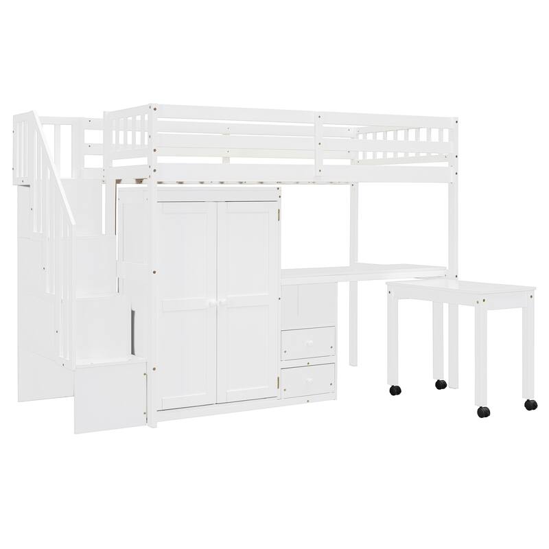 Space-Saving Twin Loft Bed with Stairs, Bookshelf, Drawers, Desk & Wardrobe for Kids & Teens - White