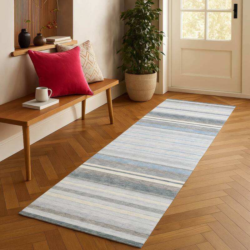 Machine Washable Indoor/ Outdoor Modern Stripes Chantille Rug