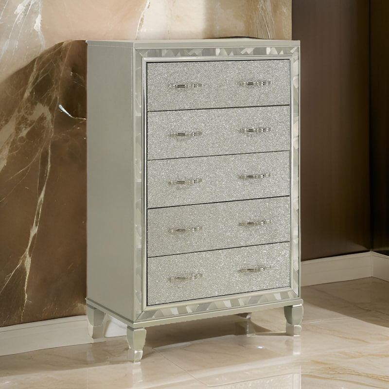 Bet 58 Inch Tall Dresser Chest, 5 Rhinestone Drawers, Chrome Handles Silver
