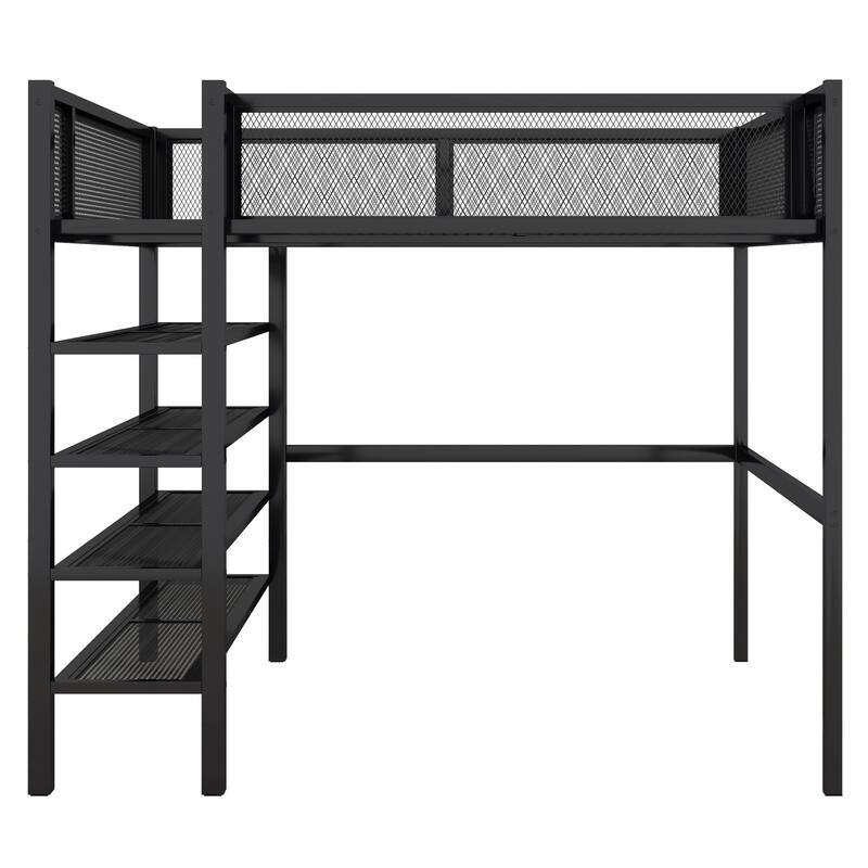 HomeRoots Black Platform Metal Full Double Loft Bed With Shelves