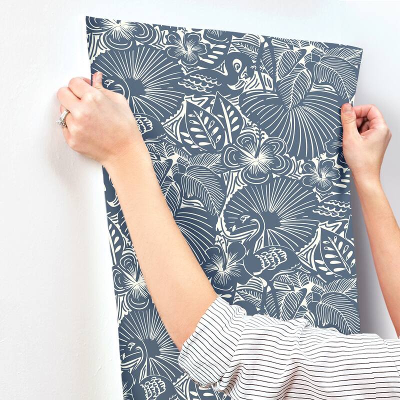 A-Street Prints Idalia Navy Floral Flamingo Wallpaper