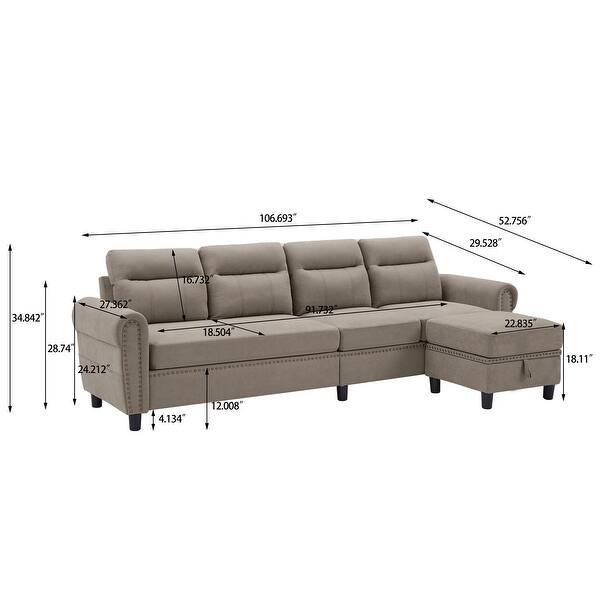 106.69" 4 Seater L Shaped Reversible Sectional Sofa with Side Storage Bags