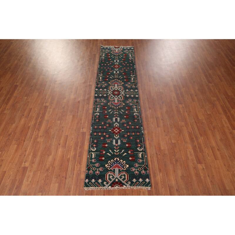 All-Over Green Kazak Oriental Runner Rug Handmade Wool Carpet - 2'6"x 9'11"