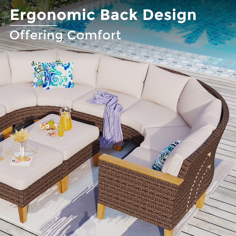 10 Piece Patio Wicker Rattan Furniture Set, Half-Moon Rattan Conversation sets with 2 X Swivel Chair Sofa and Firepit Table