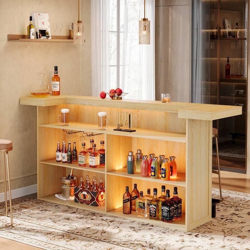 Industrial Wood Bar Table Liquor Cabinet with Wine Glass Holder