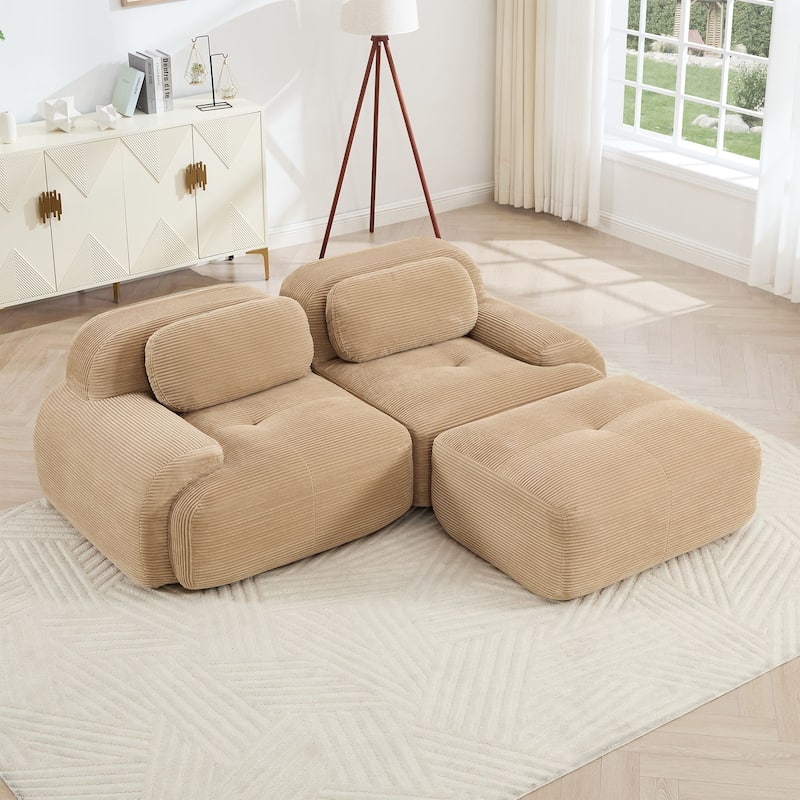 Rossetta 82'' Simplified Anti-Slip Style L-shaped Premium Corduroy Fabric Modular Loveseat Sofa with Curved Armrests, 1 Ottoman