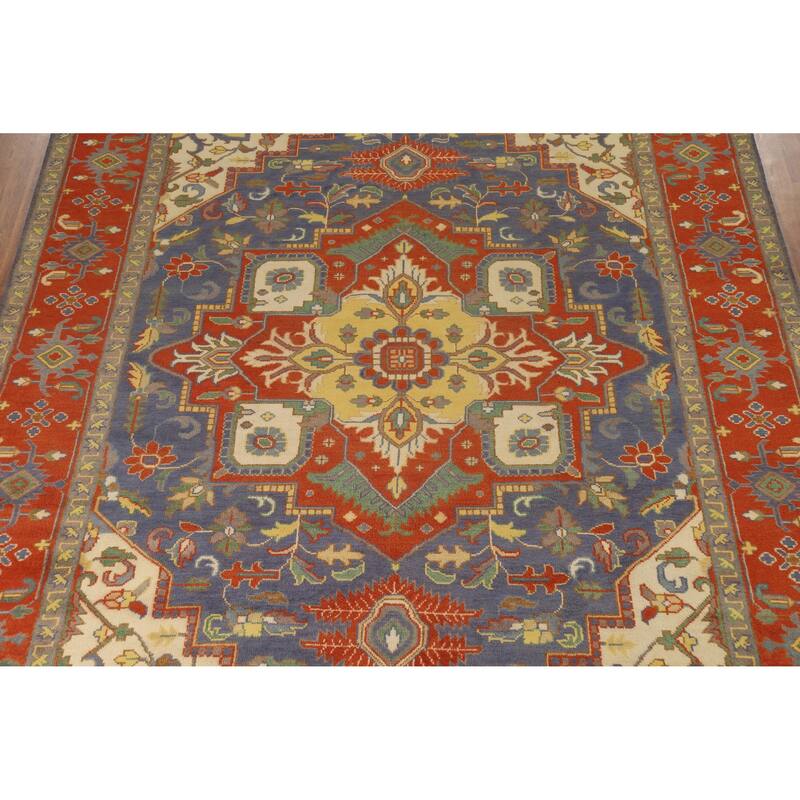 Hand Knotted Oriental 100% Wool Carpet Traditional Medallion Navy Blue & Blues Heriz (serapi) Area Rug - 14' 1'' X 9' 11''