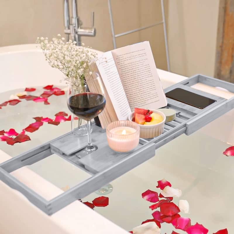 Bathtub Tray for Tub - Adjustable Bamboo Bath Tray for Tub - Collapsible Bathtub Caddy Bath Tub Tray Wood - Bath Accessories