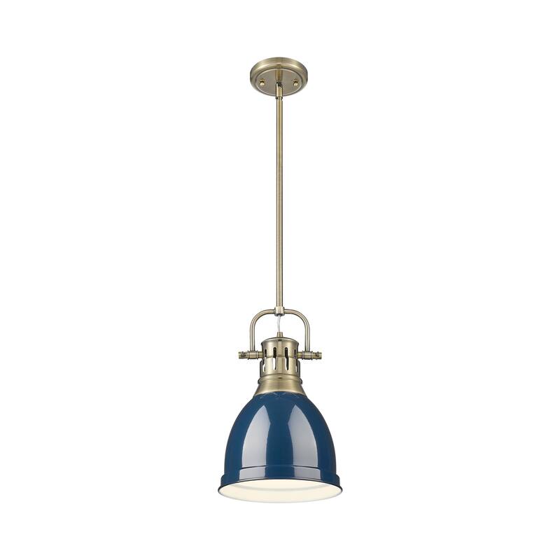 Yep by Golden Lighting Duncan 1-light 9in Rod Hung Pendant in Aged Brass and Navy Blue shade