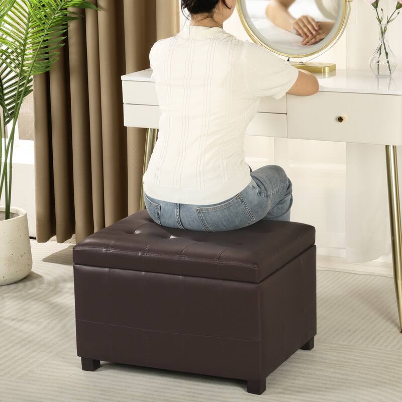 Adeco 24'' Faux Leather Storage Ottoman Bench with Tufted Top