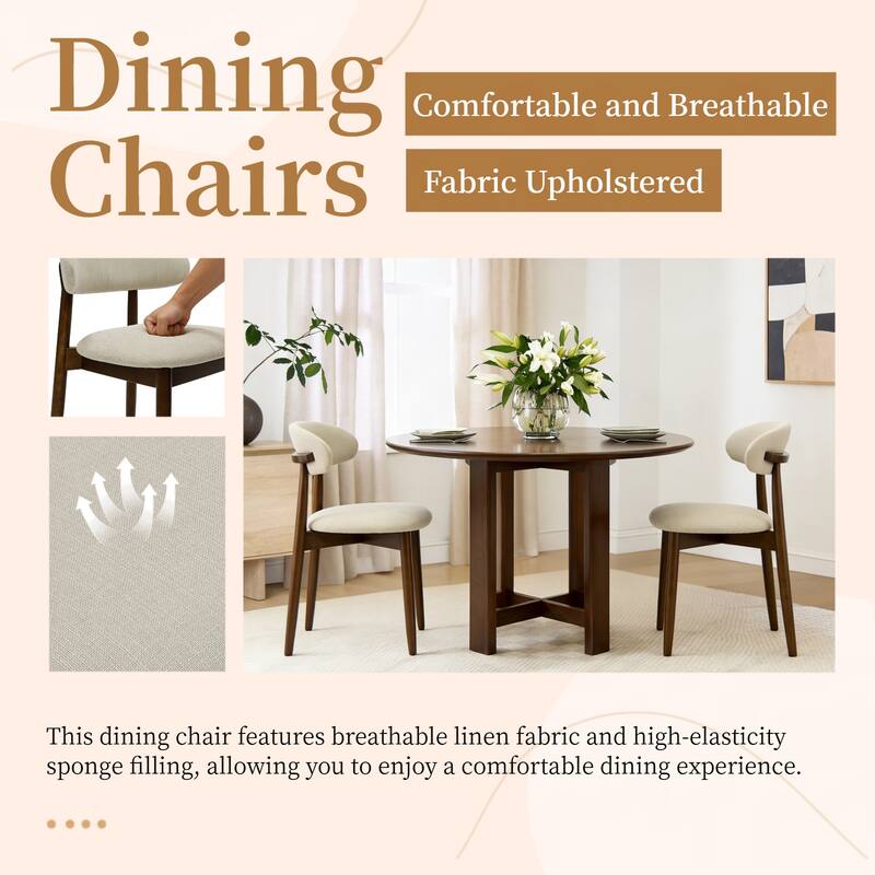 Wooden Dining Chairs Set of 2, Modern Fabric Upholstered Dining Room Chair with Curved Back, with Adjustable Foot Pads