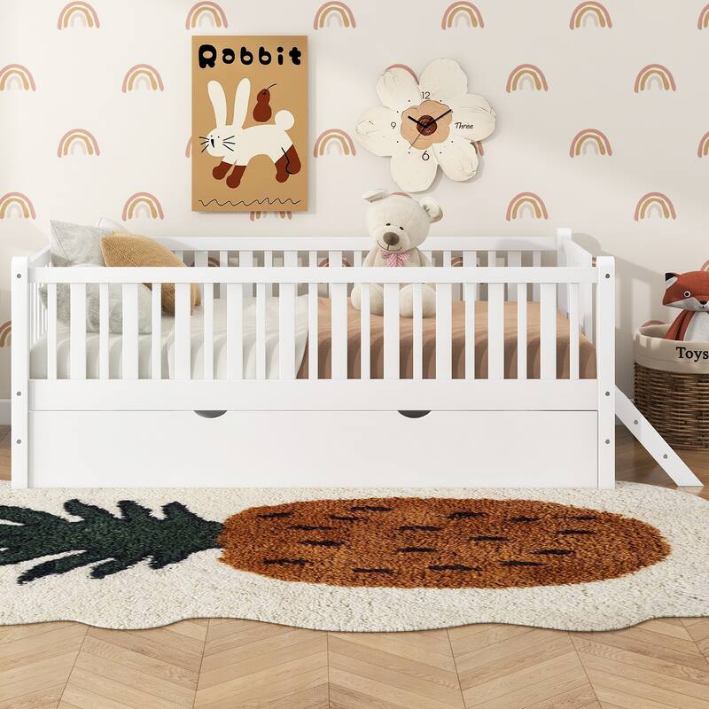 Low Loft Bed Frame with Semi-enclosed Fence and Stairs, Twin Size Daybed Optional with Trundle Bed or Drawers, Wood Platform Bed