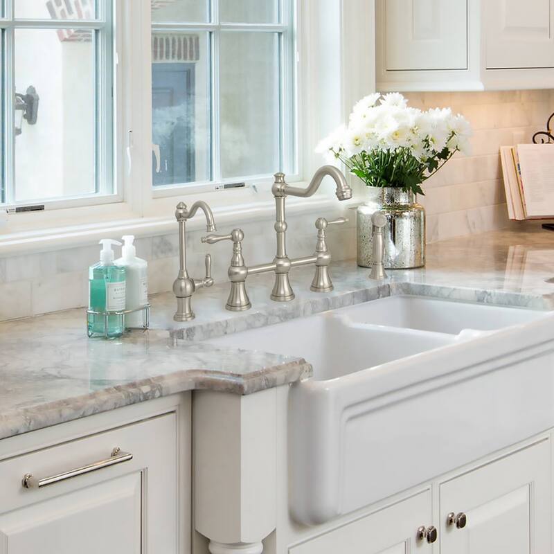 Two-Handles Bridge Kitchen Faucet with Side Sprayer 8-3/8 Inch High Arc