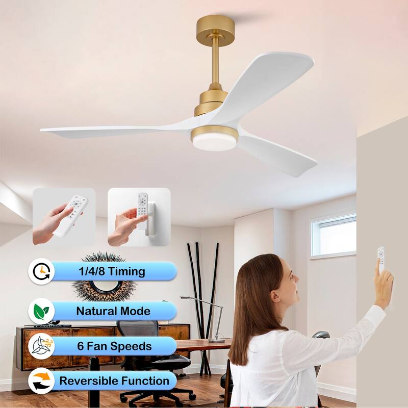 52 Inch Indoor Ceiling Fan With Dimmable LED Light 3 Solid Wood Blades Remote Control Reversible DC Motor - Gold+White