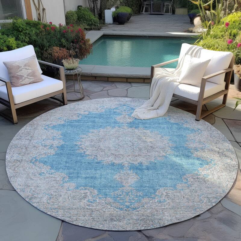 Machine Washable Indoor/ Outdoor Vintage Traditional Chantille Rug - Teal - 8' x 8'