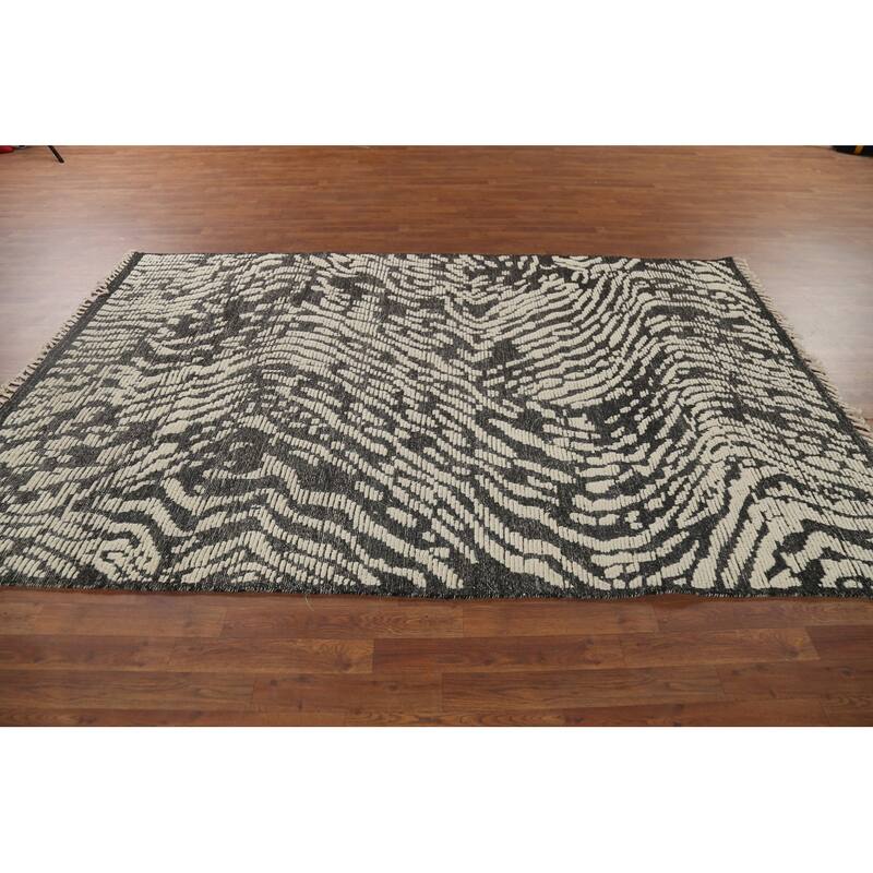 Black & Ivory Moroccan Abstract Rug Hand-Knotted Wool Carpet - 5'11"x 9'2"