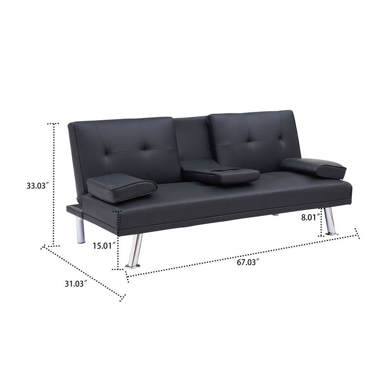Classic PVC Leather Upholstered Convertible Futo Sofa Bed with Cup Holders