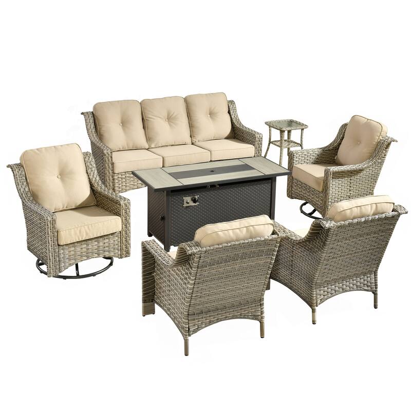 HOOOWOOO 7-piece Wicker Rattan Outdoor High Back Conversation Set with 54" Fire Pit