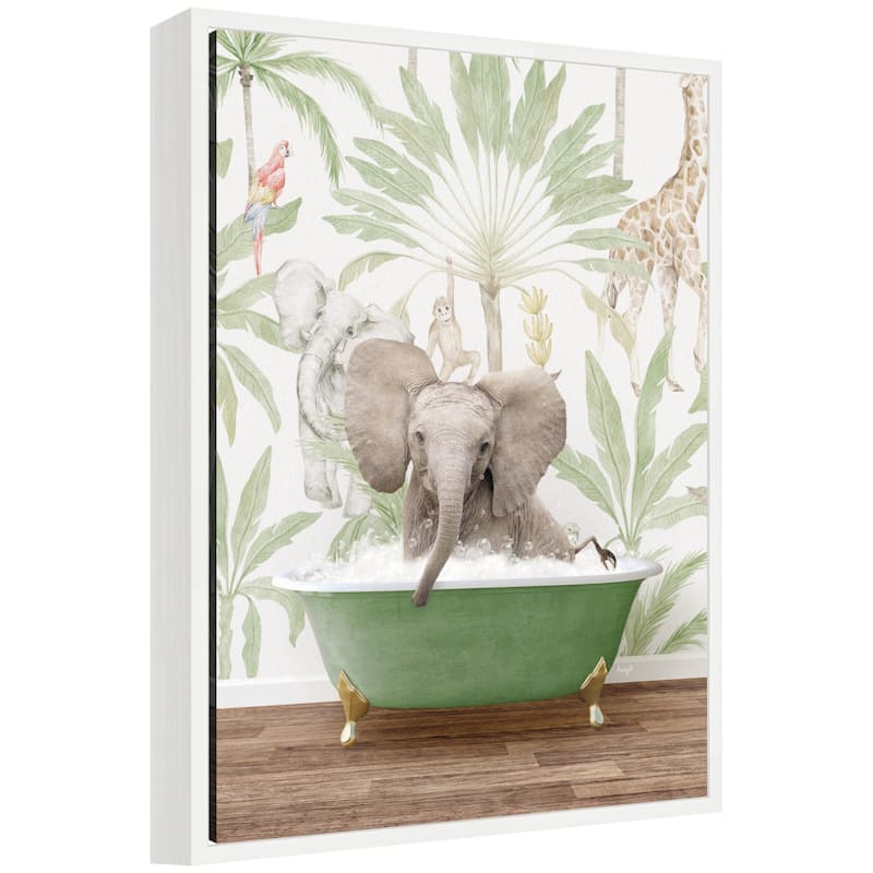 Kate and Laurel Sylvie Baby Elephant 3 in Wild Safari Bathtub Framed Canvas by Amy Peterson - White