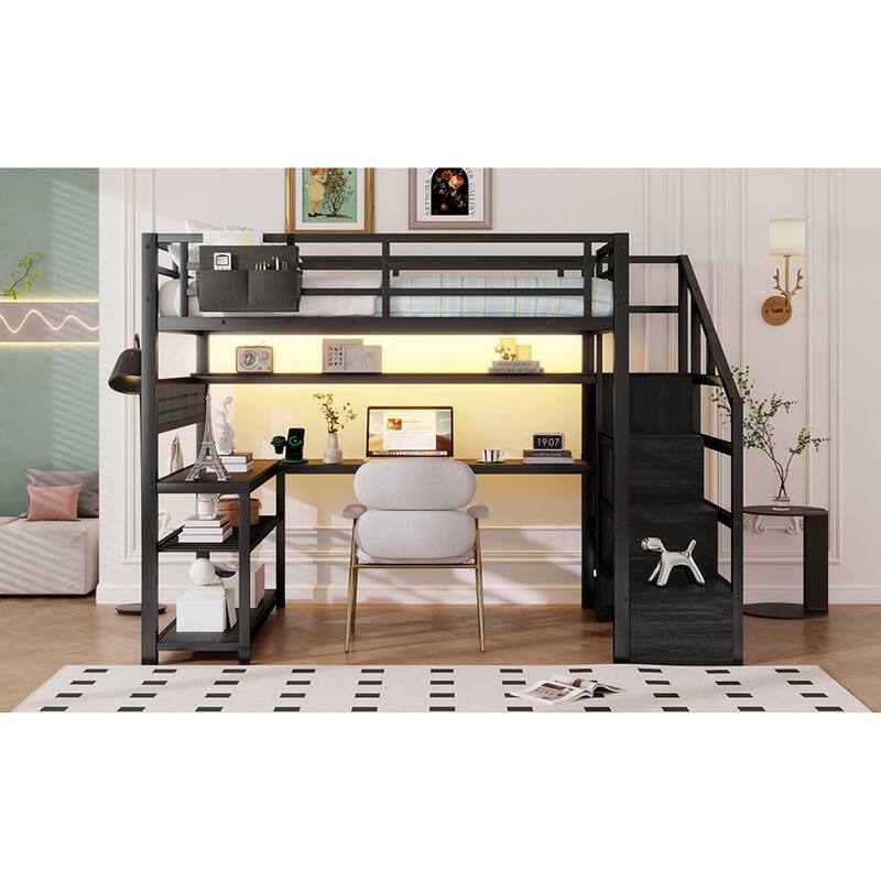 Roomfitters Full Metal Loft Bed, L-Shaped Desk and LED Staircase Wardrobe with Charging Station for Girls Bedroom