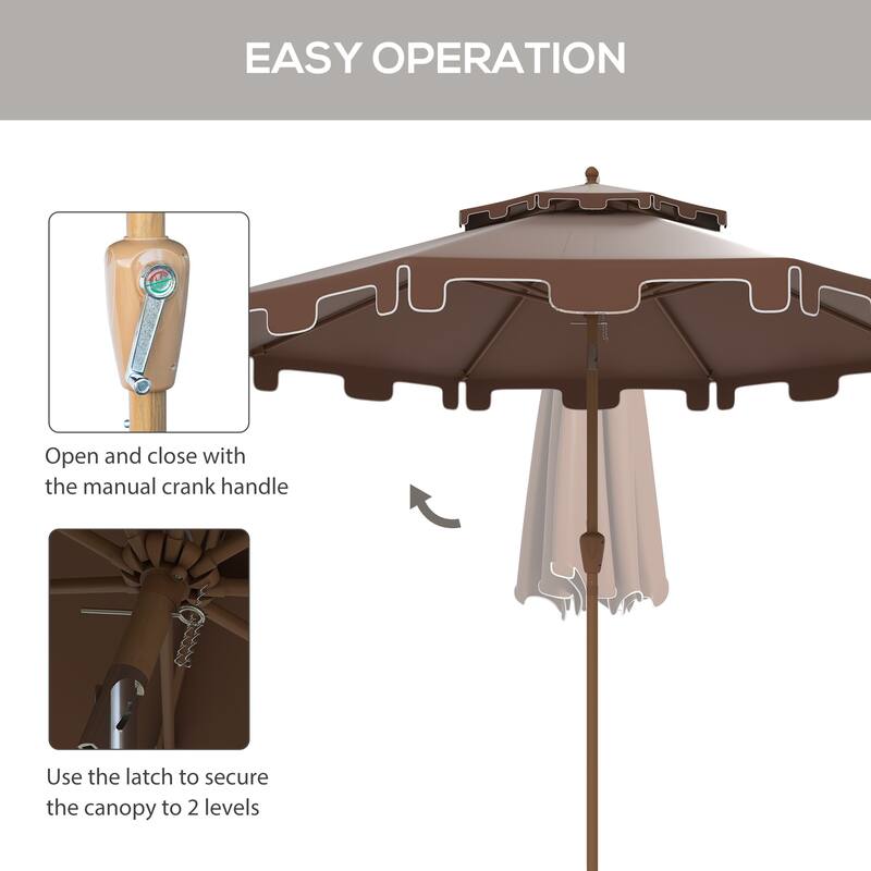 9-Foot Patio Umbrella with Tilt and Crank, Double Top Ruffled Outdoor Market Umbrella, 8 Ribs, Brown