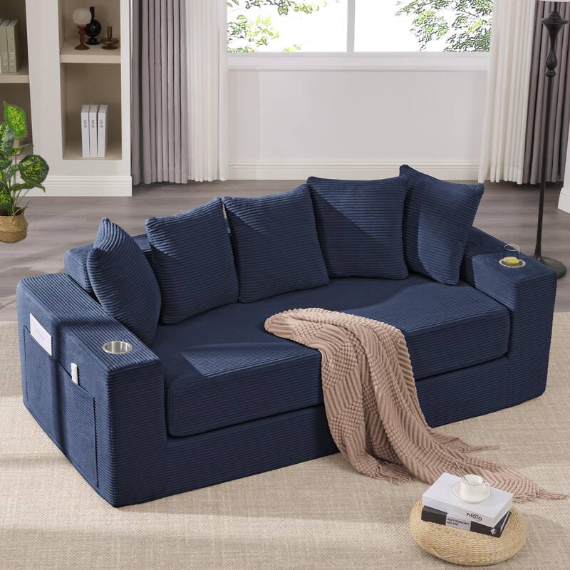 2-in-1 Convertible Sleeper Sofa, Floor Folding Couch, Sofa Bed with Side Pocket, Pull Out Loveseat with Cup Holders