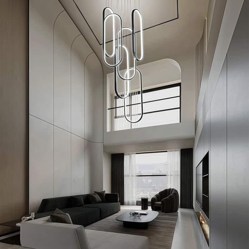 6 Rings Modern Chandelier Dimmable LED Living Room Foyer Chandelier Lighting Fixture High Ceiling Pendant Light Fixture