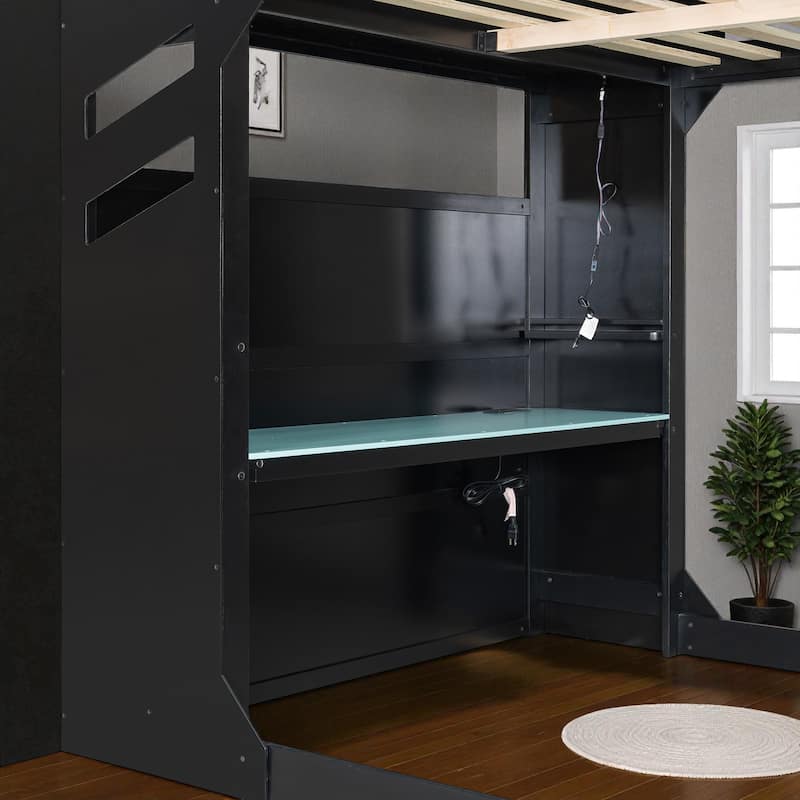 Full Size Wood Loft Bed with Adjustable Desk, Drawers, Storage Shelves, Hanging Rod and RGB LED Lights