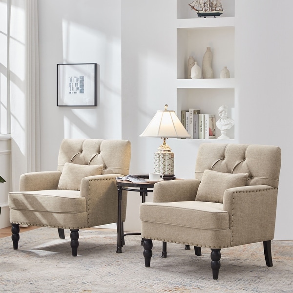 Set of 2 Arm Chair Upholstered Button Tufted Accent Chair with Lumbar Pillow Beige Grey Light Blue On Sale Bed Bath Beyond 39030947