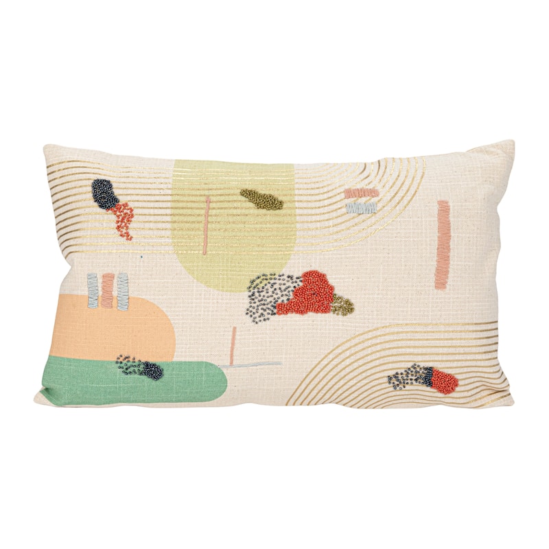 Cotton Slub Printed Lumbar Pillow with Hand-Embroidery and Beads