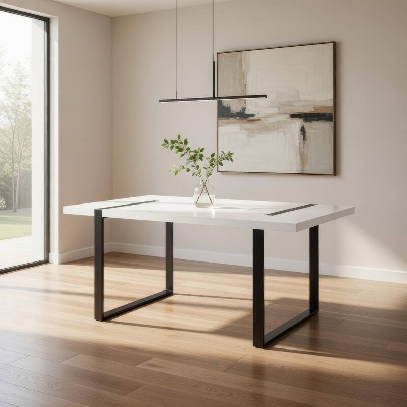 Alz Dining Table, 66 Inch White High Gloss Top, Modern Sleek Black Frame - Black, White