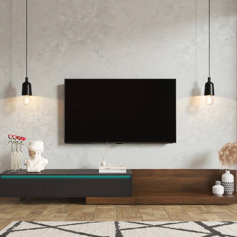 Modern TV Stand with LED Lights, Wooden Entertainment Center Media Cabinet with Storage for Living Room