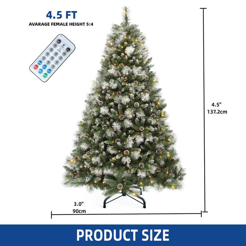 4.5/6ft Prelit & Pre-Decorated Scotch Pine Christmas Tree with Remote Control, Frosted Christmas Tree with Pine-Cones & Needles
