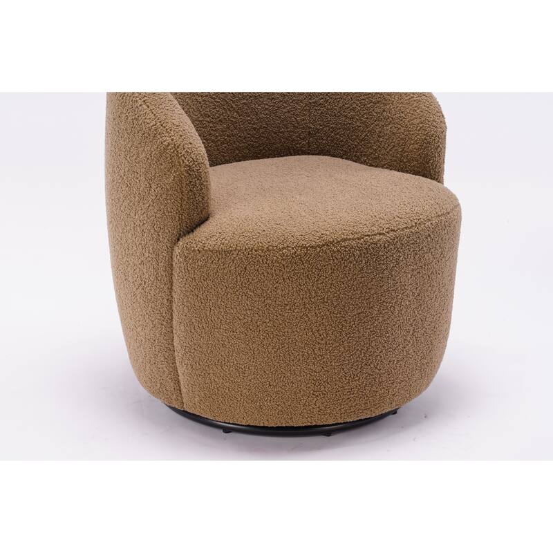 Teddy Fabric Swivel Barrel Chair, Round Upholstered Sofa Chair, Reading Leisure Chair with Curved Backrest & Metal Base