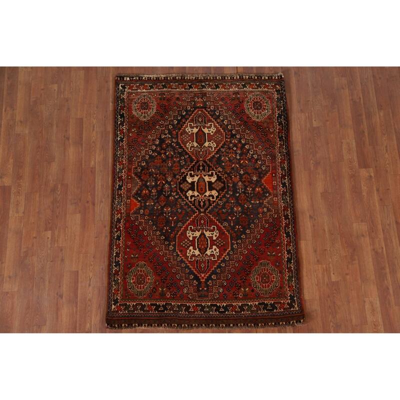 Hand Knotted Oriental 100% Wool Carpet Traditional Tribal Navy Blue & Blues Shiraz Area Rug - 5' 4'' X 3' 8''
