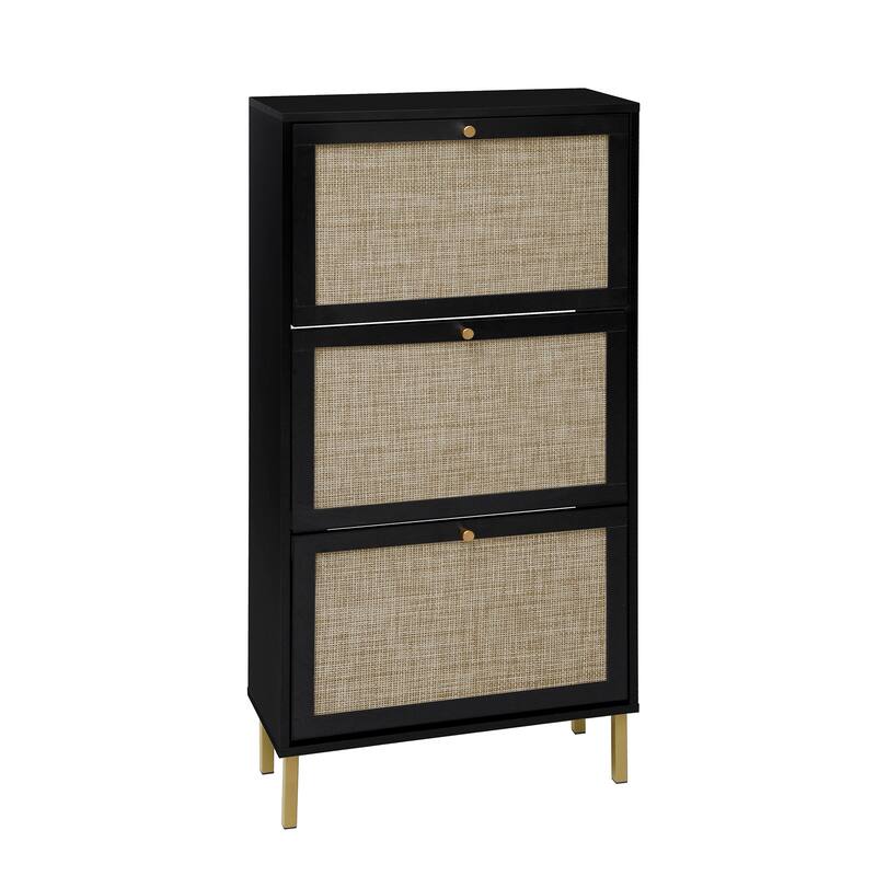 Shoe Storage Cabinet with 3 Flip Drawers, Freestanding 3-Tier Shoe Rack, Slim Shoe Organizer with Half Round Woven Rattan Doors