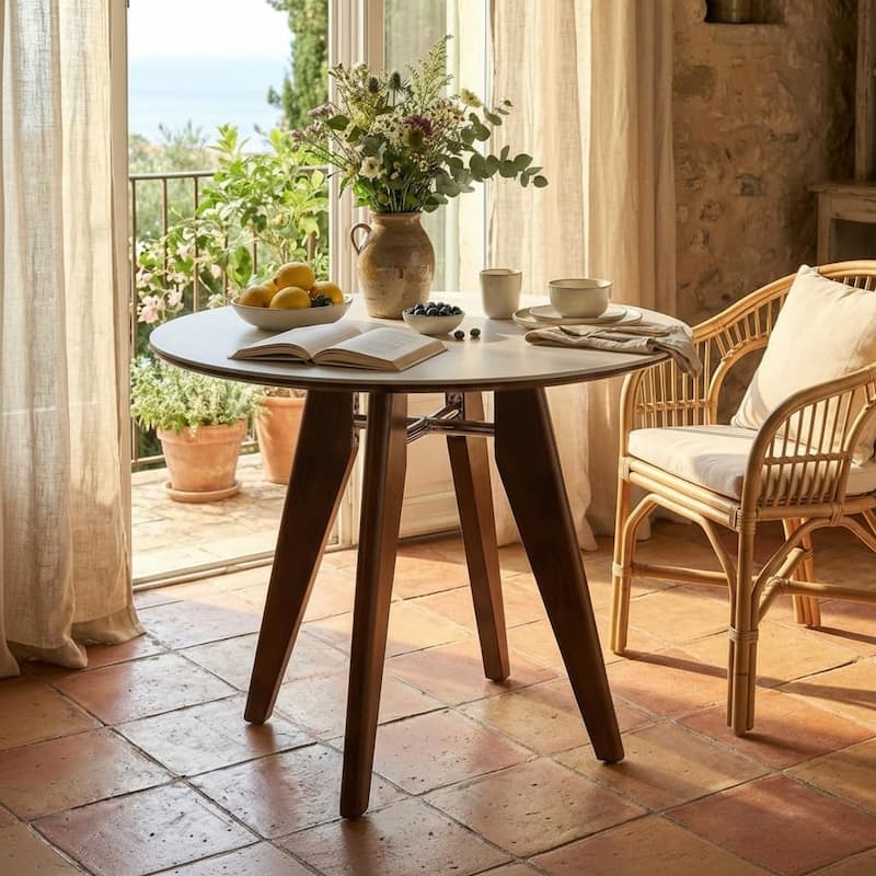 31.5" Round Dining Table, Modern Kitchen Table with Solid Wood Legs for Dining Room, Living Room - White+Brown