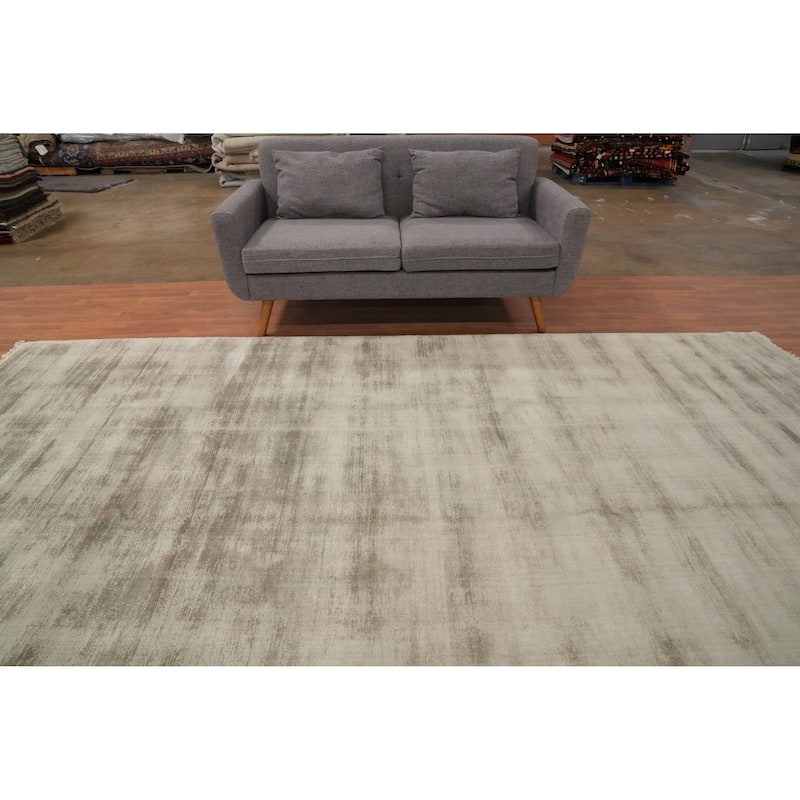 Hand Knotted Oriental Viscose Silk Carpet Modern Modern Beige & Ivories Abstract Area Rug - 11' 9'' X 8' 1''