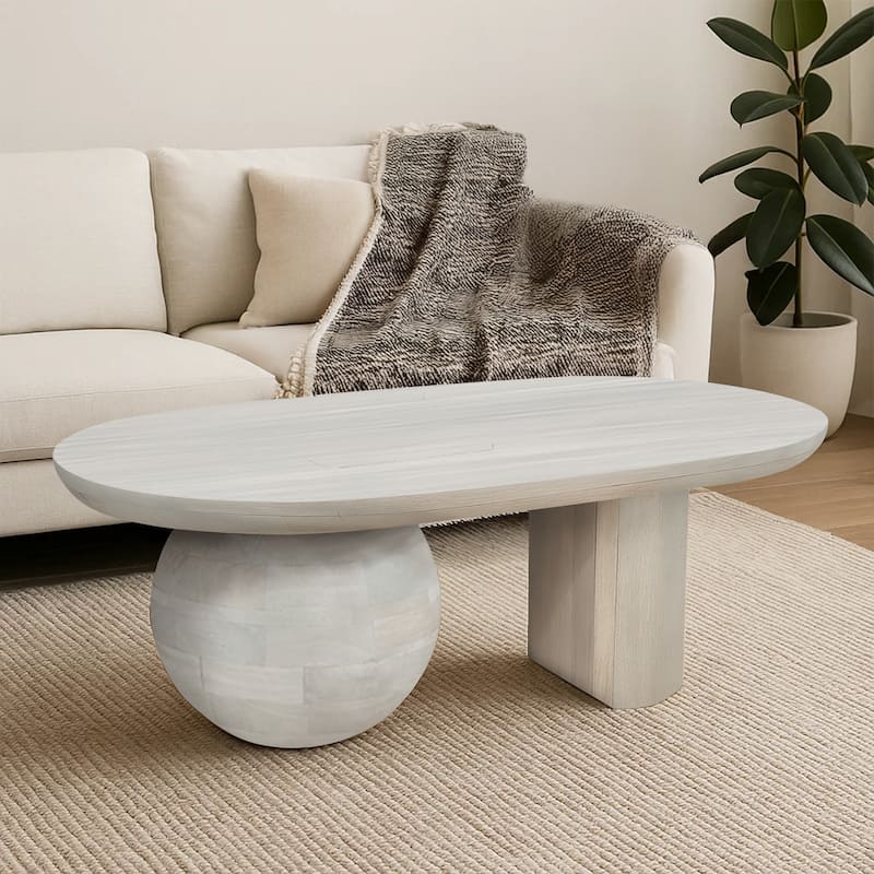 38 Inch Coffee Table, Oblong Mango Wood Top with a Modern Ball Leg