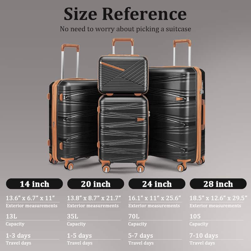 4-Piece, 14/20/24/28-Inch Modern Lightweight Luggage Expandable Luggage with Spinner Wheels, for Boarding Travel, Black