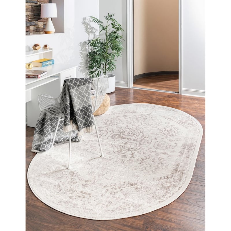 Contemporary Trabzon Collection Area Rug - Cream-Gray - 8'x10' Oval