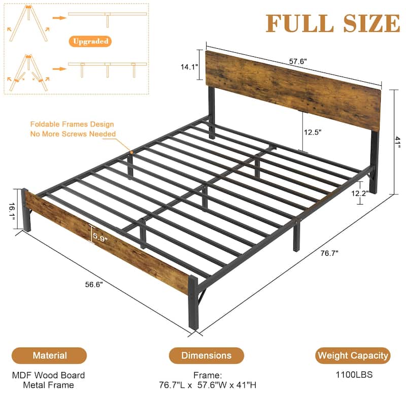 Bed Frame with Headboard, Large Under Bed Storage