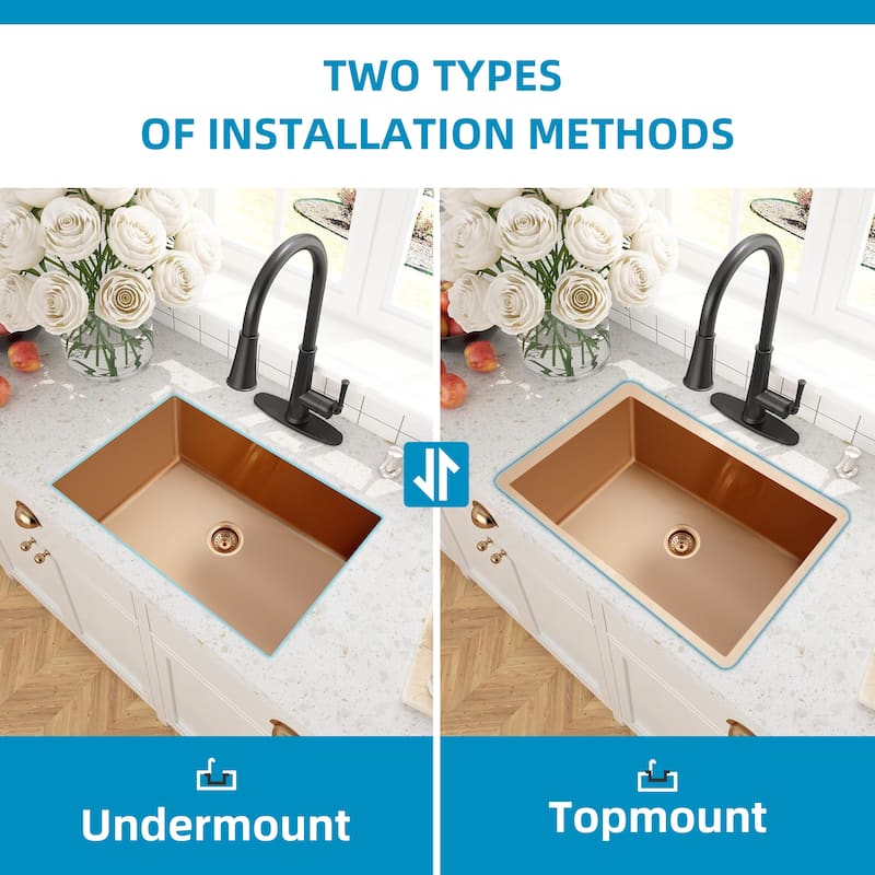 CB HOME Gold Kitchen Sink, 32" Rose Gold Undermount Kitchen Sink, Black Single Bowl Stainless Steel Kitchen Sink 16 Gauge