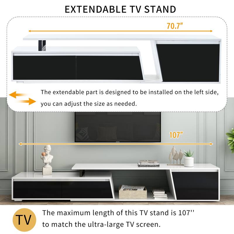 Modern 70.7''-107'' Extendable TV Stand for TVs up to 100'', Minimalist Rectangle Media Console with 2 Drawers & 1 Cabinet