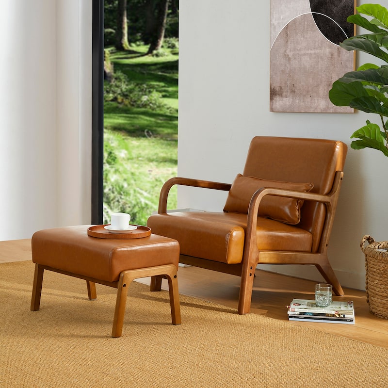 Glitzhome 30.75"H Mid-Century PU Leather Armchair with Ottoman Set