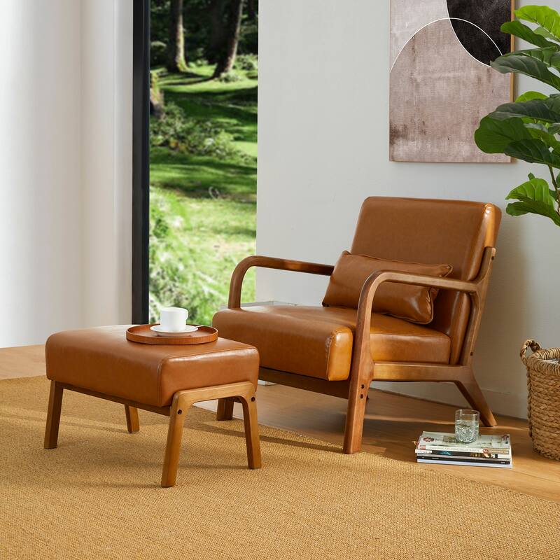 Glitzhome 30.75"H Mid-Century PU Leather Armchair with Ottoman Set