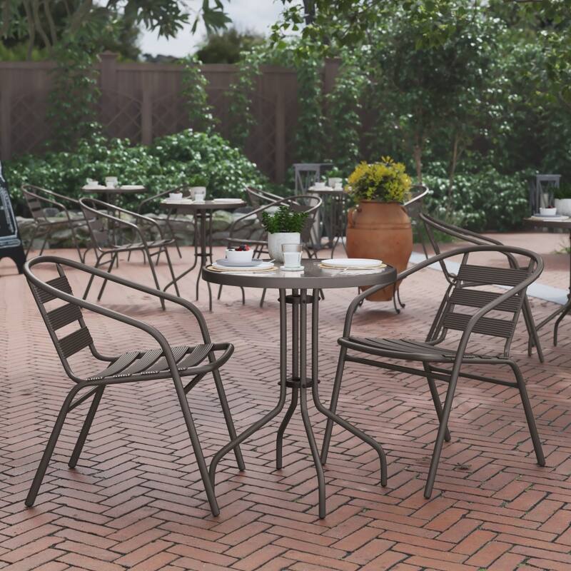 23.75" Round Glass Metal Table with 2 Metal Aluminum Slat Stack Chairs - Bronze