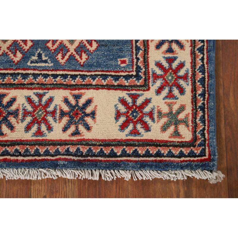 Blue Geometric Kazak Accent Rug Handmade Wool Carpet - 2'0" x 3'1"