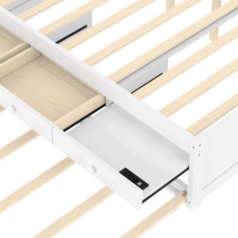 Platform Bed with Pull-out Trundle and Dual Storage Drawers, Built-in Power Strip, Wooden Bed Frame, No Box Spring Needed