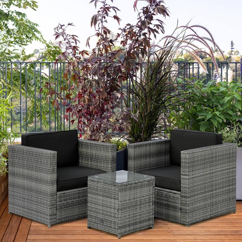 Wicker Bistro Patio Set, 2 Porch Chairs and Glass Table - Black